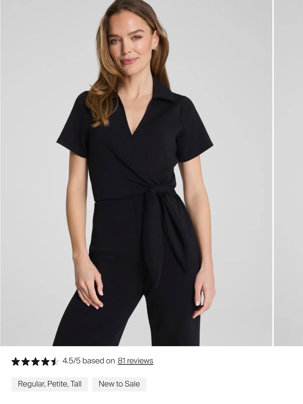 SPANX Black Short-Sleeve Wrap Jumpsuit with Tie Waist - Picture 2 of 4